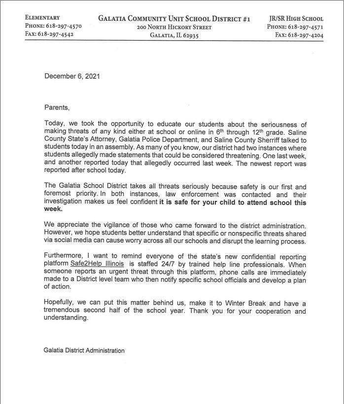 Letter from Superintendent