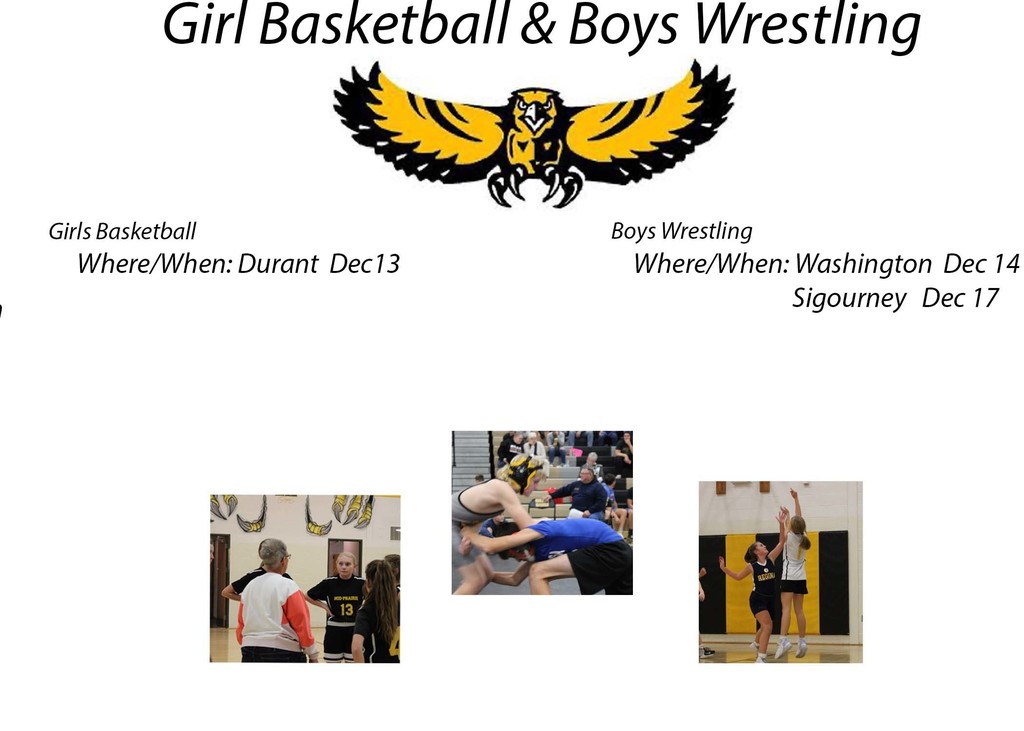 Ad poster for Girls Basketball 12/13 and Boys Wrestling 12/14 and 12/17
