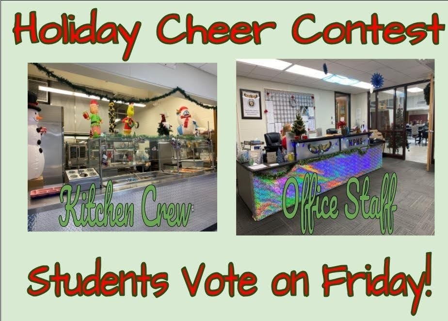 holiday cheer contest ad poster with pictures of kitchen and office