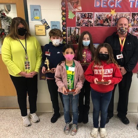 Left to right:  Principal Hayes, Paxton Gher, Reagan Ivers, Asst. Principal Wood  Front:  Sienna Ivers and Maddi Griggs