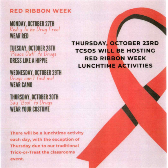 A Red Ribbon Week Flyer detailing the dress up days.  10/27 is wear red, 10/28 is dress like a hippie, 10/29 is Wear Camo, 10/30 is Wear your costume