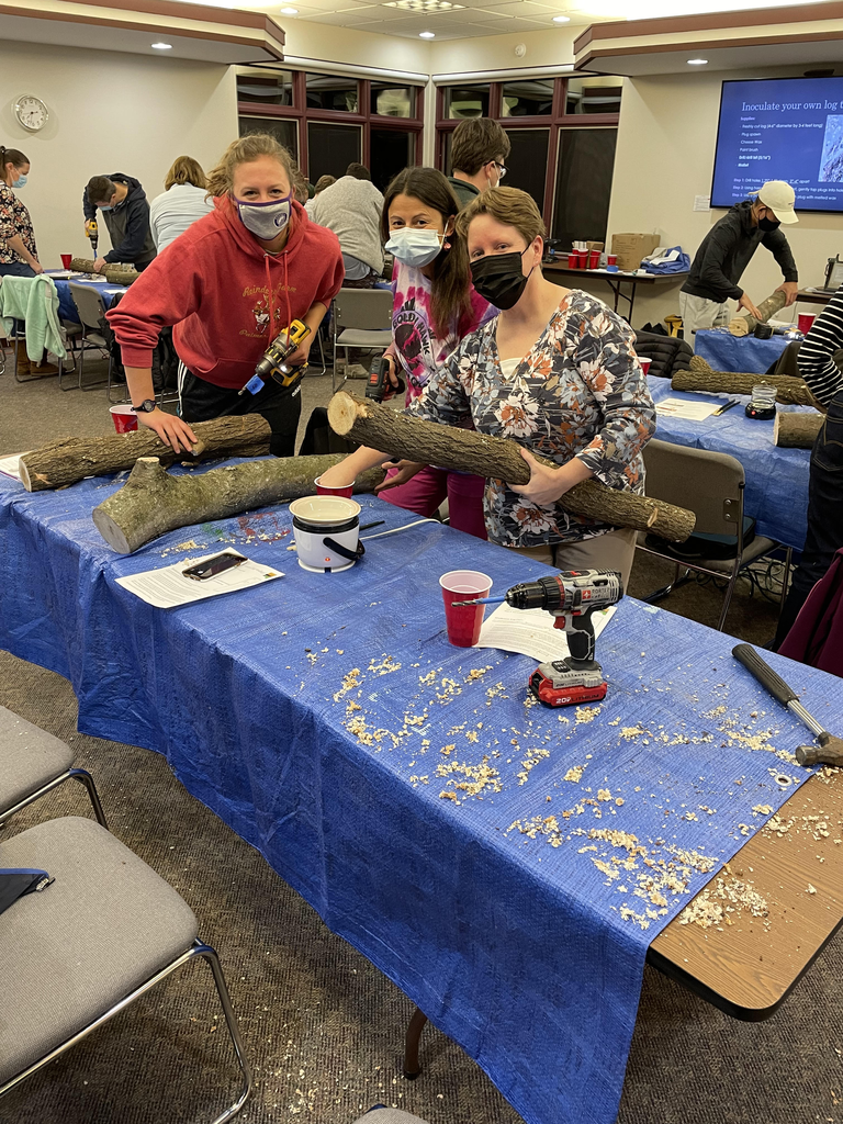 Addi Pacha, Elena Beachy and Edye Freeman pose with logs in mushroom class