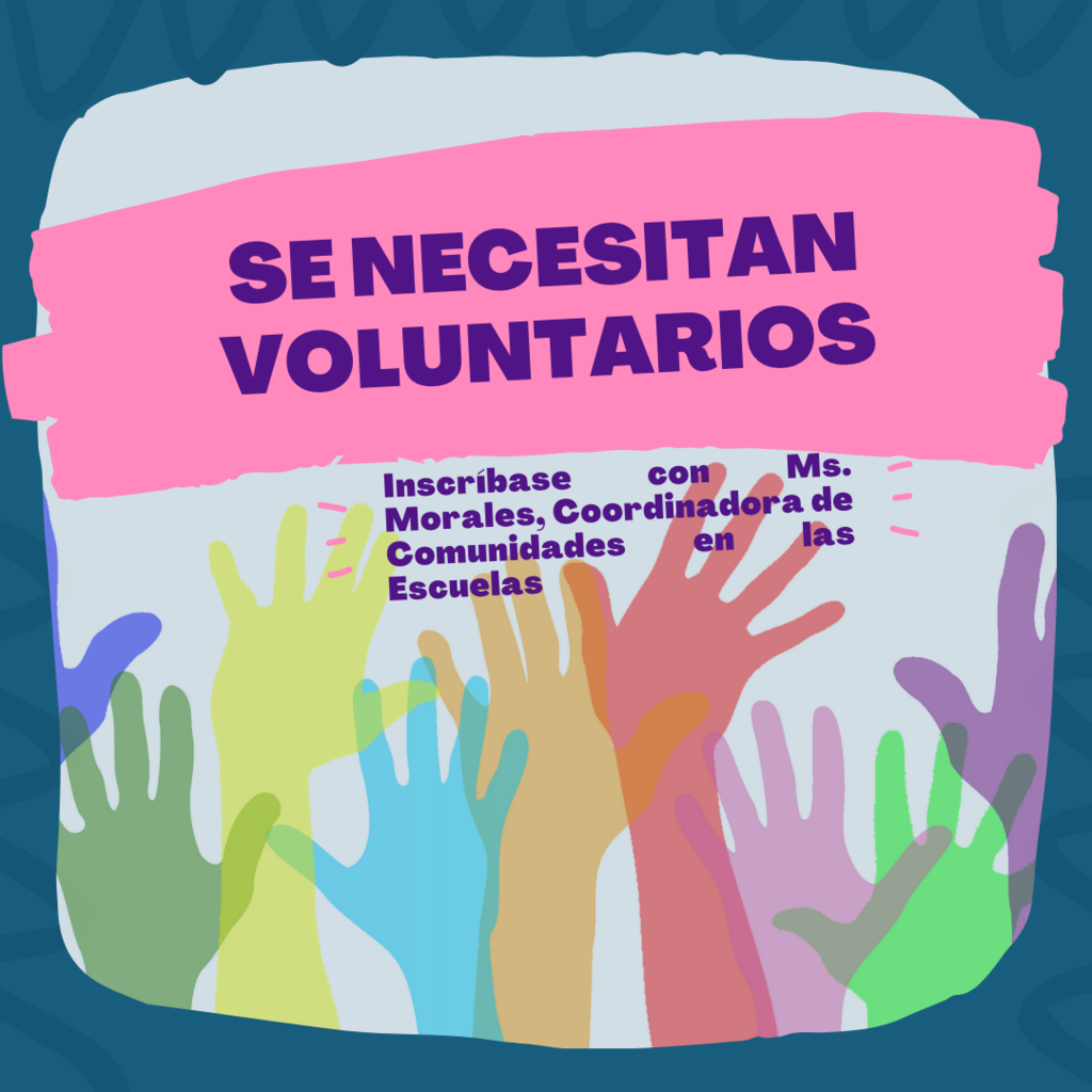 Poster with hands in the air looking for volunteers in Spanish