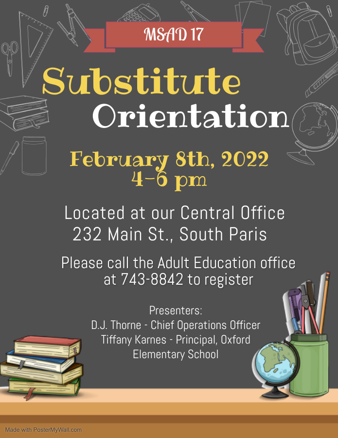 A flyer for Substitute Teacher Orientation on February 8th from 4 to 6 pm at Central Office.