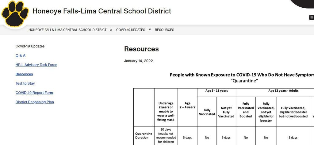 COVID 19 resource page