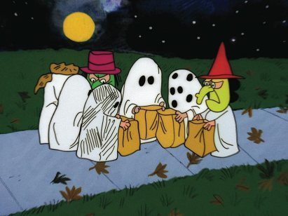 cartoon depiction of children dressed up to trick or treat