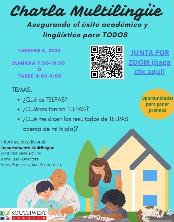 Poster in Spanish with a house, a family and cat