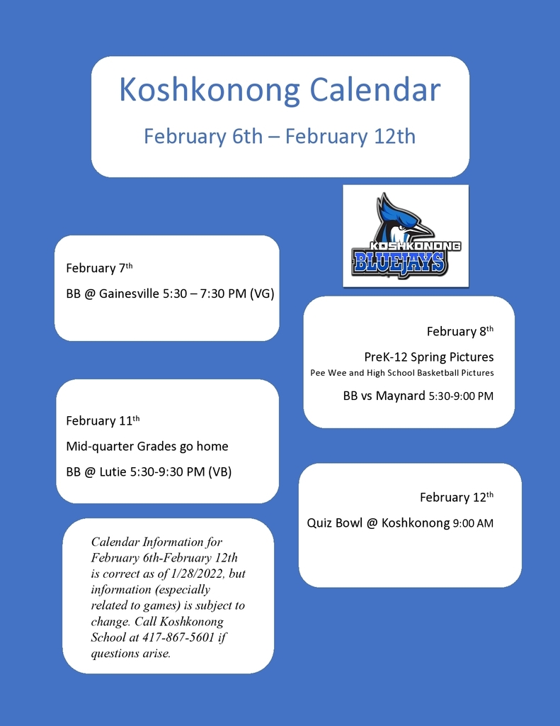 Weekly Calendar with blue background, blue jay image, and events February 6th-12th