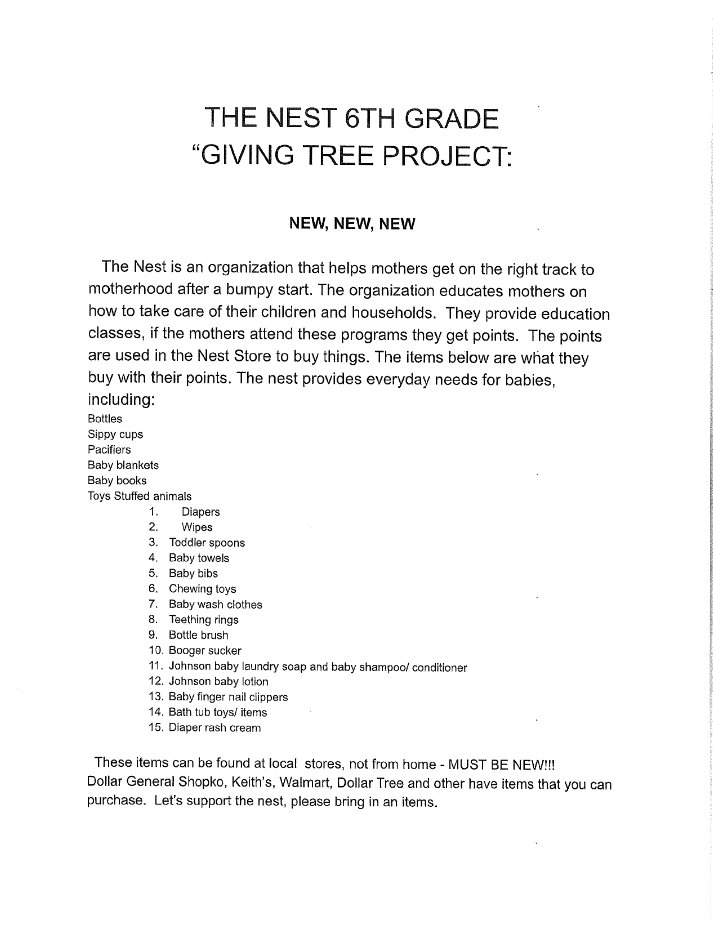 The Nest 6th Grade "Giving Tree Project"