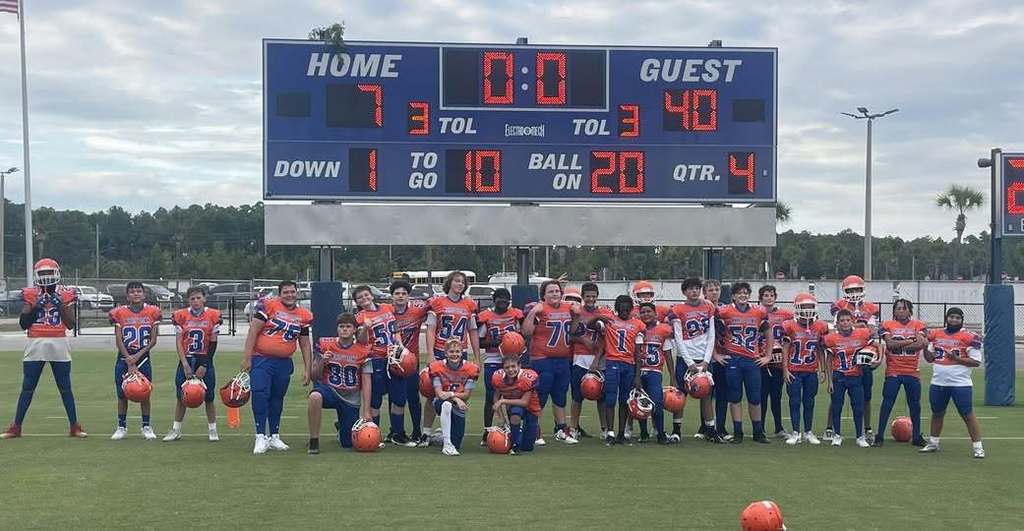 Football team in front of scoreboard.