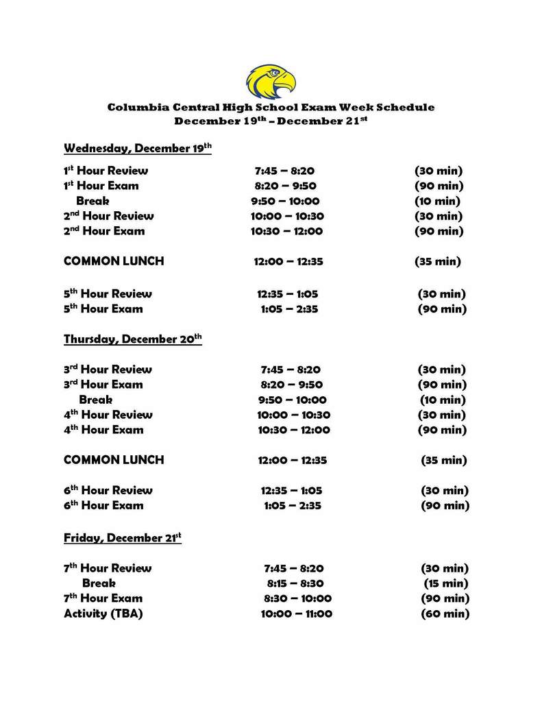 CCHS Exam Schedule