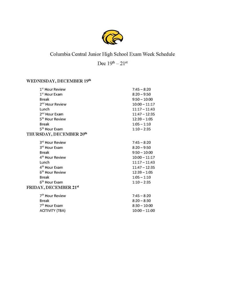 CCJH Exam Schedule