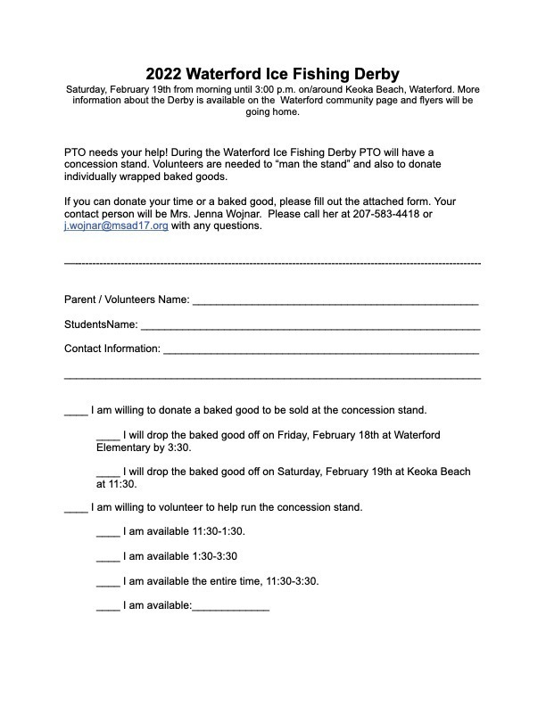 Volunteer form for ice derby
