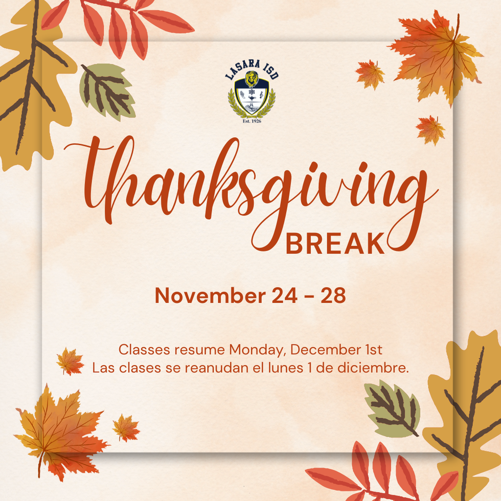 Thanksgiving Break will be from November 24-28. Classes resume Monday, December 1st.