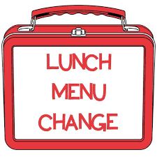 red and white lunch box with text lunch menu change