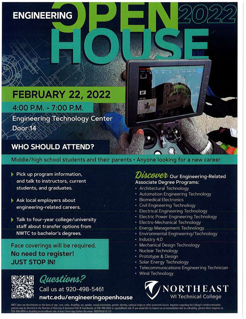 NWTC Engineering Open House Feb 22nd, 2022 from 4-7pm