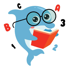 Cute dolphin with glasses reading a book with letters and numbers surrounding him.