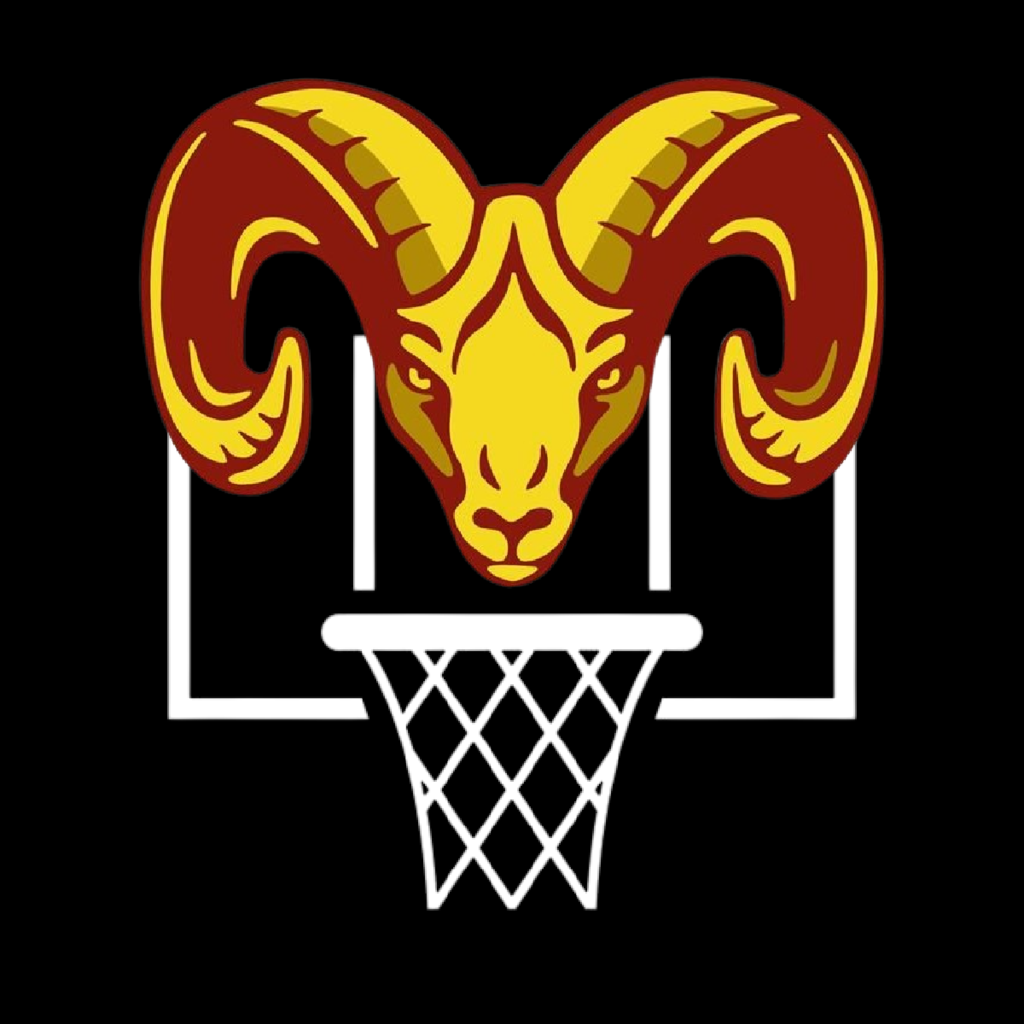 Ram head over a basketball net and hoop