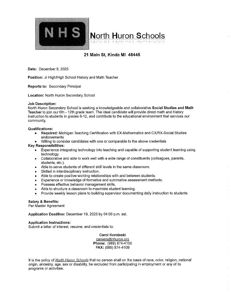 Job Posting for a Jr High/High School Math and History Teacher