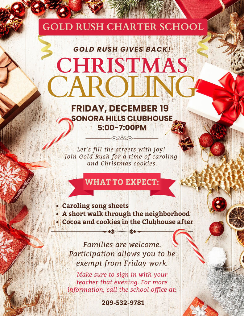 This is a flyer advertising a caroling even at Sonora Hills Clubhouse December 19th from 5:00-7:00