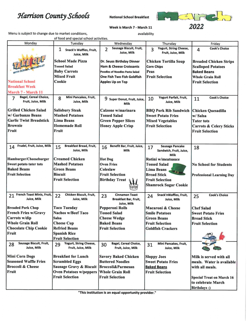 March 2022 Lunch Menu