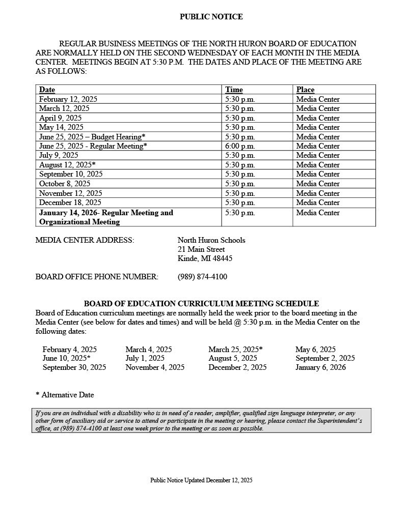 Updated Public Notice of Board Meetings
