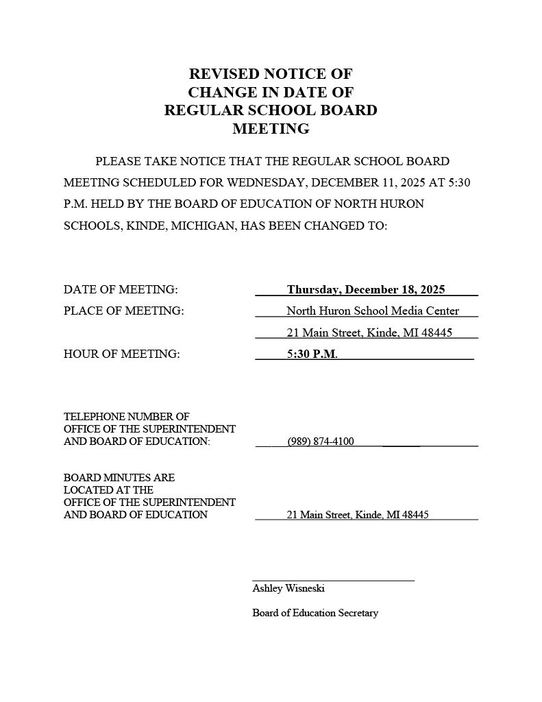 Notice of change in date for the December Regular Board Meeting