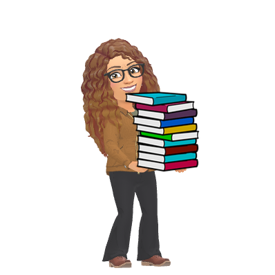 Illustration of a smiling librarian holding a tall stack of colorful books, representing reading and library services.