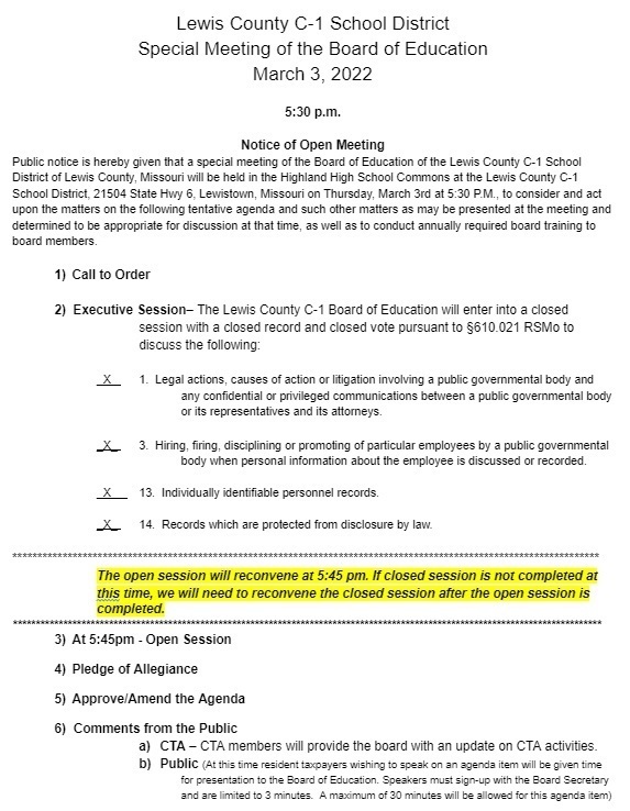 Image of the 3/3/22 special meeting agenda - full document is linked in the post.