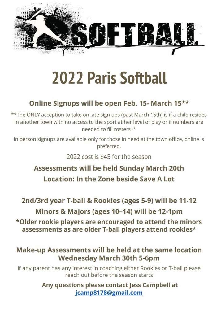 Town of Paris Softball Registration Information