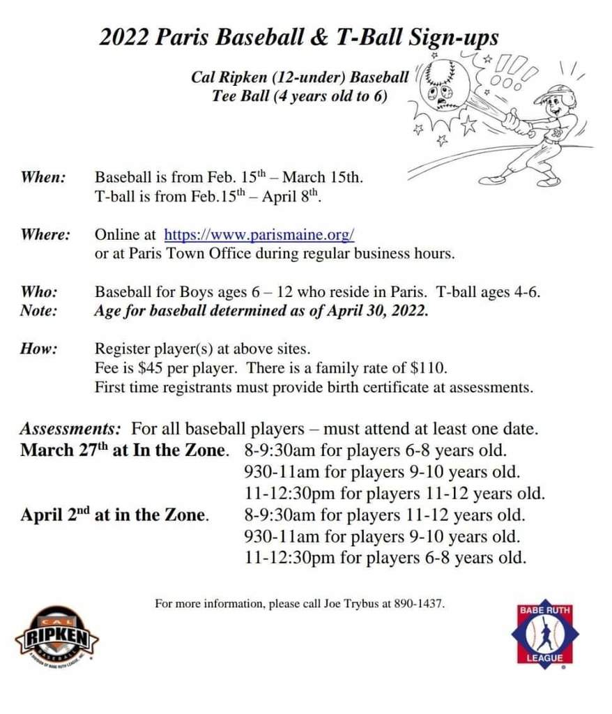 Town of Paris Baseball Registration Information