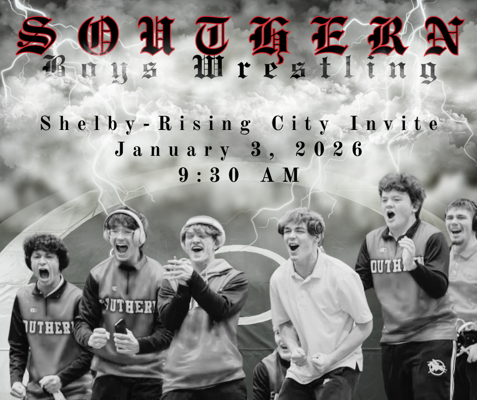 Graphic promoting Southern Boys Wrestling at the Shelby–Rising City Invite on January 3, 2026, at 9:30 a.m., featuring cheering Southern wrestlers in team apparel against a stormy, lightning-filled background.
