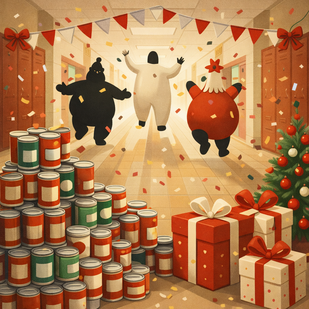 Cartoon image inflatables running down hall with can food and presents in the foreground. 