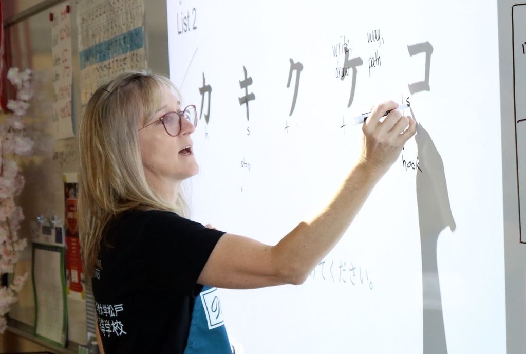 Teacher presenting at whiteboard