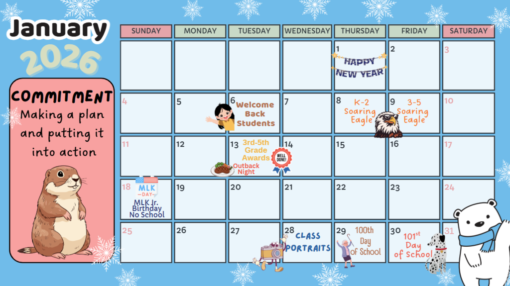 calendar containing school events for January