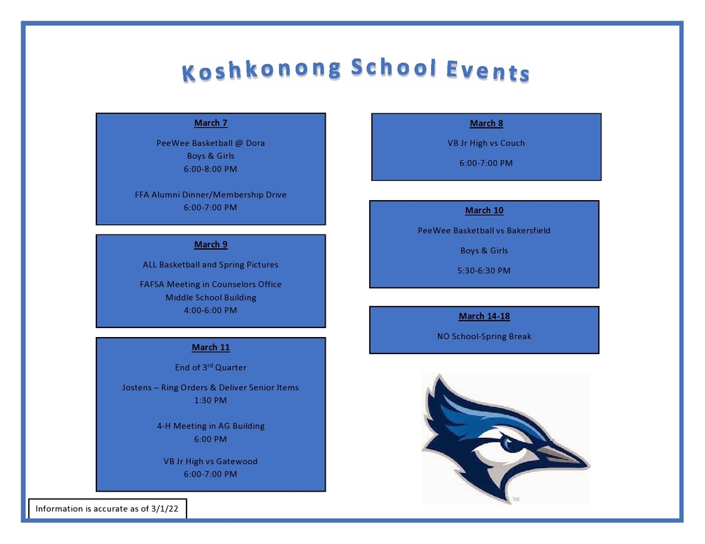 School Calendar: March 7-18 in blue and white with image of Blue Jay.