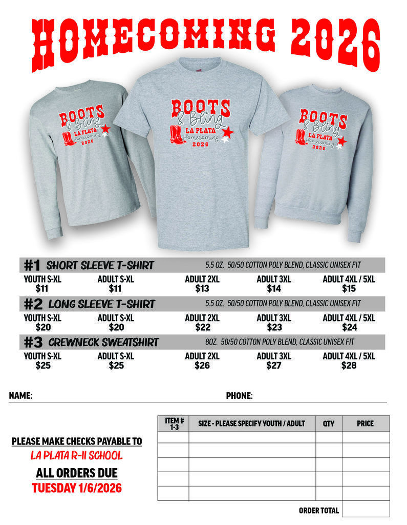🤩🤠Announcing the 2026 theme.....BOOTS & BLING!🤩🤠 Orders are due by January 6th to the EL and HS office. Homecoming is January 13-16th! OR order here and pay later: ORDER SHIRTS HERE