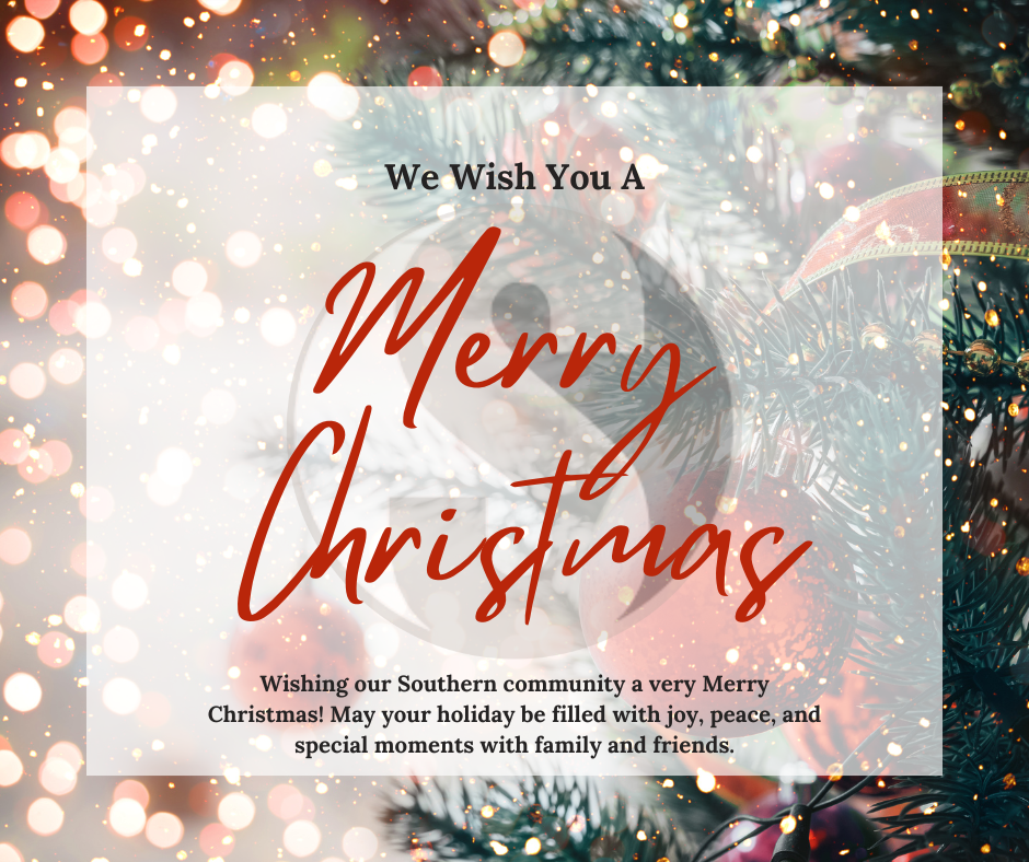 Holiday graphic featuring soft glowing lights and evergreen branches with the message “We Wish You a Merry Christmas,” set in festive red script over a warm, seasonal background