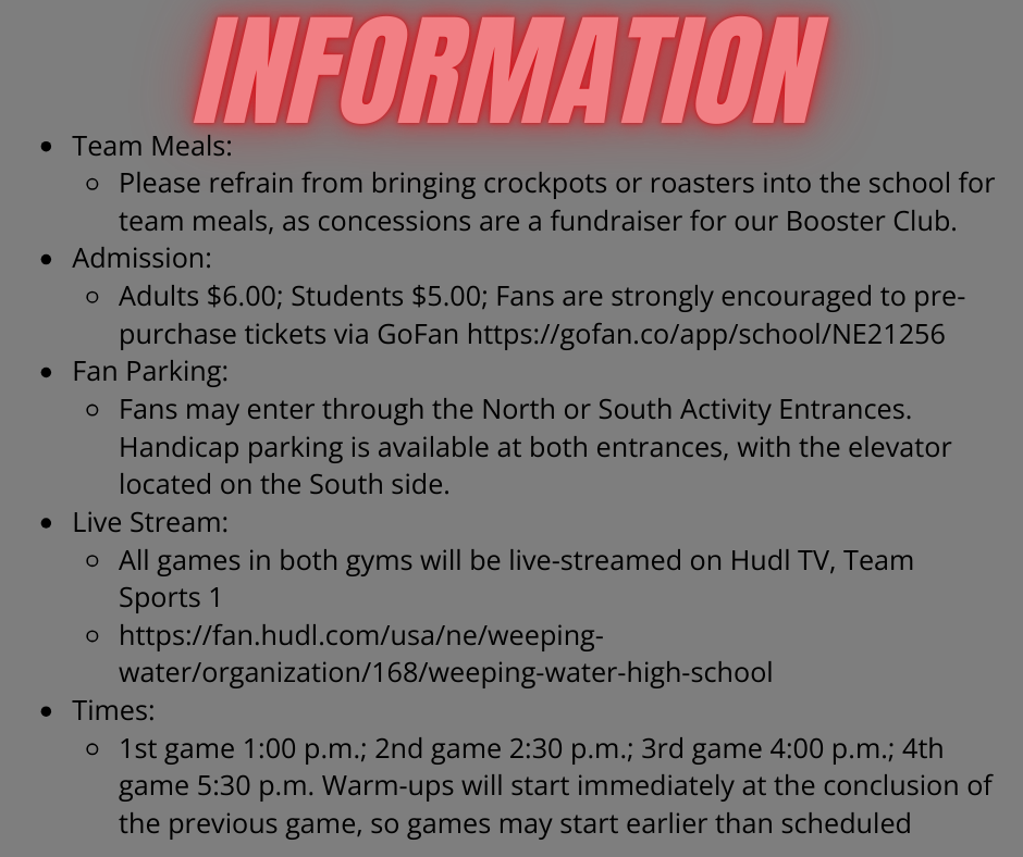 Information graphic outlining details for the Weeping Water Holiday Basketball Tournament, including admission prices, parking and entrance locations, live stream options, team meal reminders, and game times.
