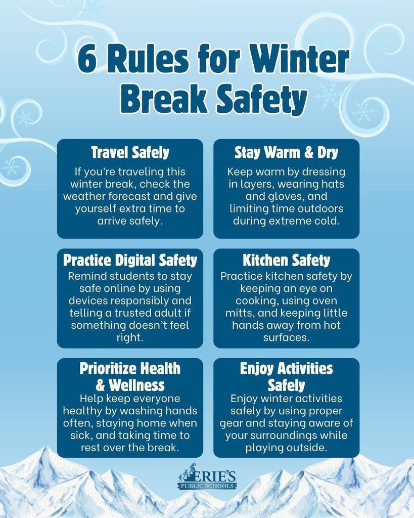 Graphic showing 6 rules for Winter Break Safety. Tips include travel safely, stay warm and dry, practice digital safety, kitchen safety, prioritize health and wellness, and enjoy activities safely."