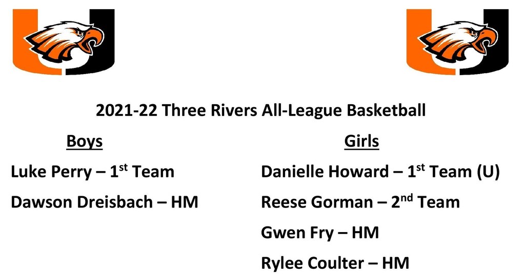 2022 Three Rivers All-League Basketball Awards: Boys-Luke Perry and Dawson Dreisbach.  Girls-Danielle Howard, Reese Gorman, Gwen Fry, and Rylee Coulter.