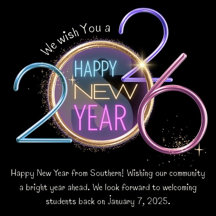 Colorful “Happy New Year 2025” graphic on a black background, featuring glowing neon-style numbers and text inside a gold circular frame with sparkles and light effects.