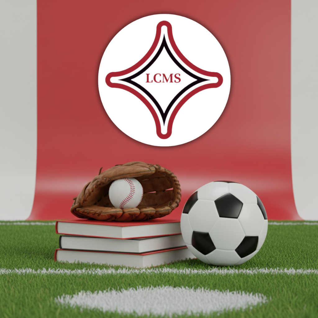 LCMS Logo with baseball and soccer ball books and grass