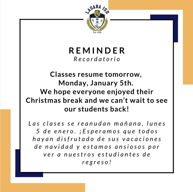 Classes resume Monday, January 5th