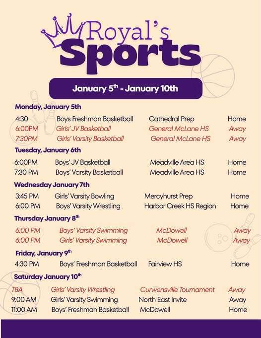 A graphic that lists the Erie High School Royal's sports games for January fifth through January tenth. 