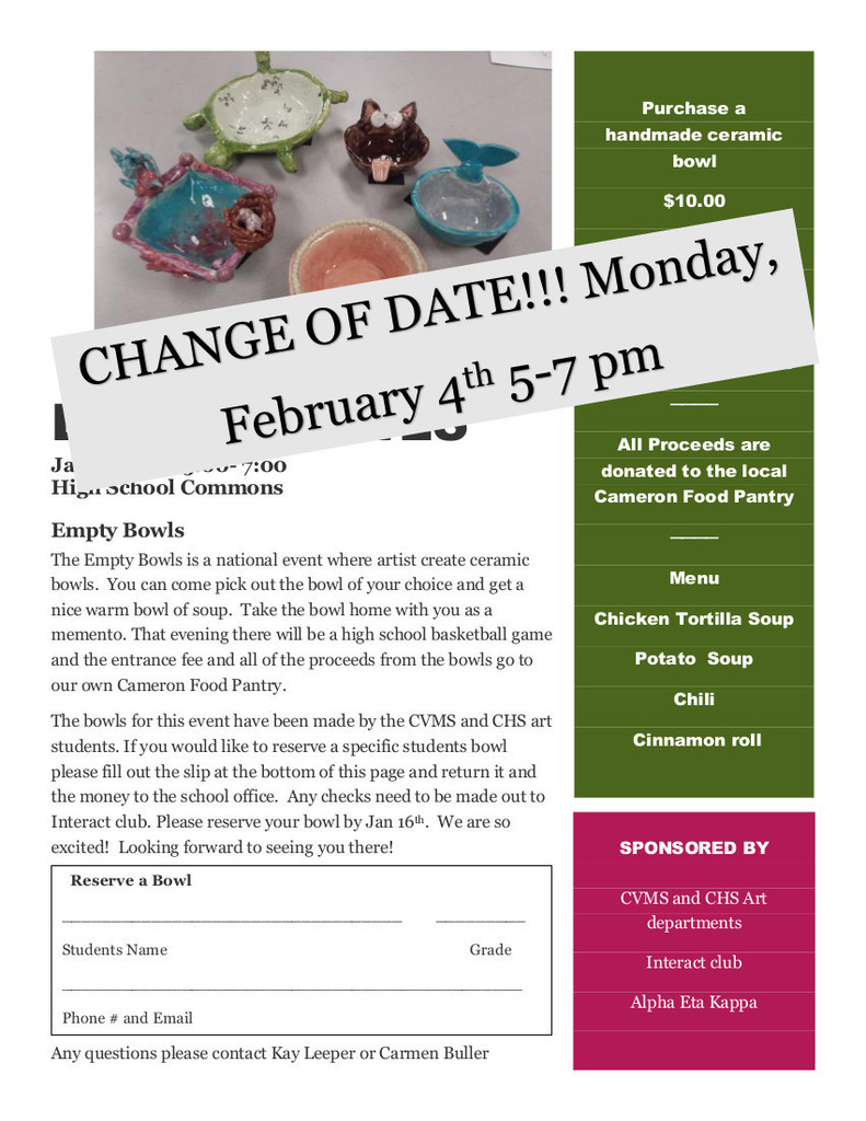 Empty Bowls moved to February 4th