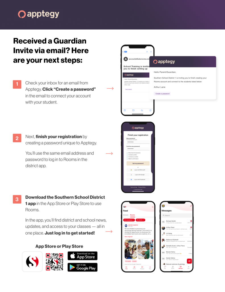Graphic explaining next steps after receiving a Guardian Invite email from Apptegy. The image shows three steps: checking email to create a password, completing registration, and downloading the Southern School District app from the App Store or Google Play to access news, updates, and teacher communication through the Rooms feature.