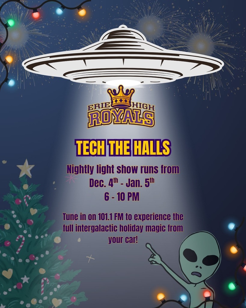 A holiday flyer with a UFO that states that Tech The Halls last day is January 5.