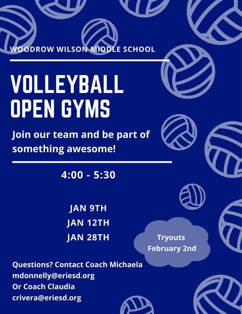 Volleyball open gyn flyer on dark blue background.
