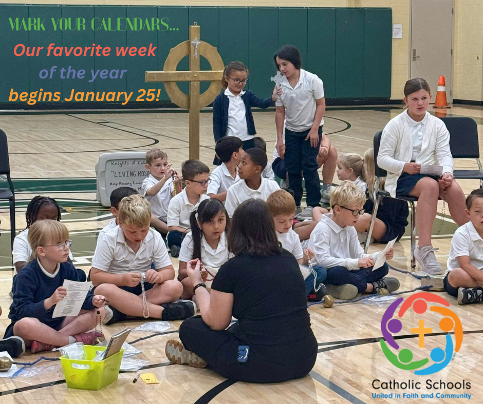 Students in gym participating in the "living rosary"